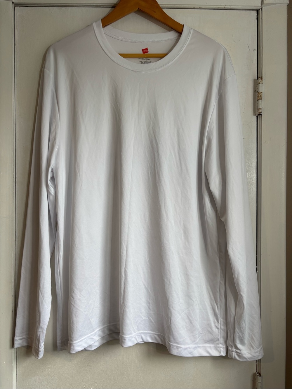 Hanes Classic White Long-Sleeve Crewneck Shirt with fish graphic on the back